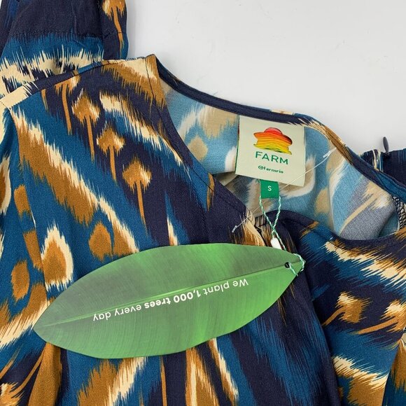 Farm Rio Pineapple Ikat navy blue maxi dress silky zipper yellow long new Small - Picture 6 of 6